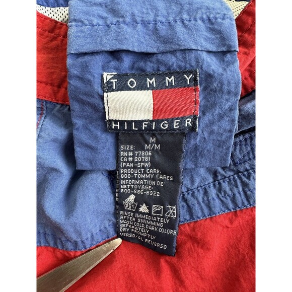 90s TOMMY HILFIGER Mens Medium Mesh Lined Red Blue Swim Trunks Shorts Colorblock - Picture 7 of 14